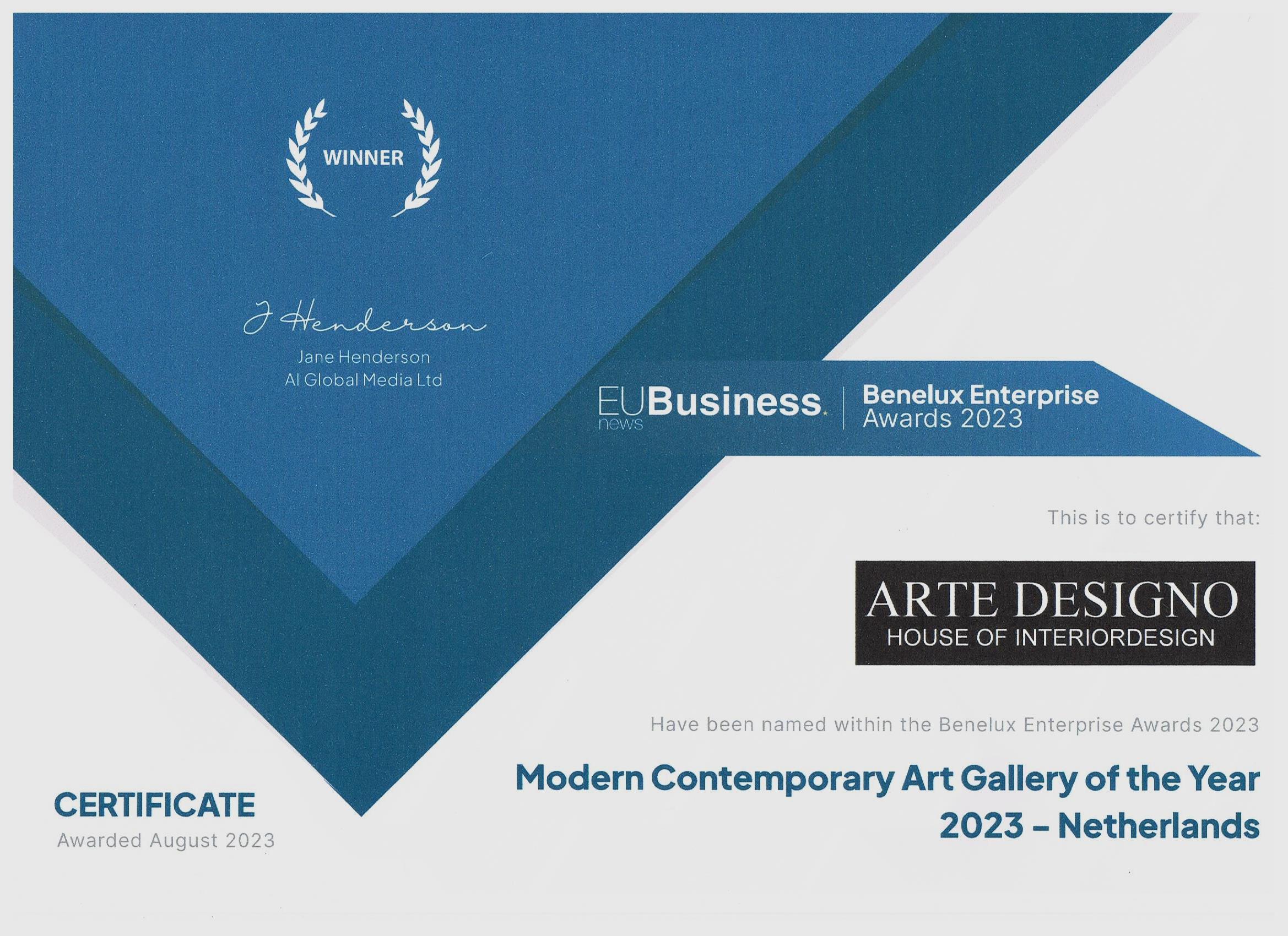 ARTE DESIGNO wint als 'Art Gallery of the Year 2023 - Netherlands' een van de eervolle Benelux Awards